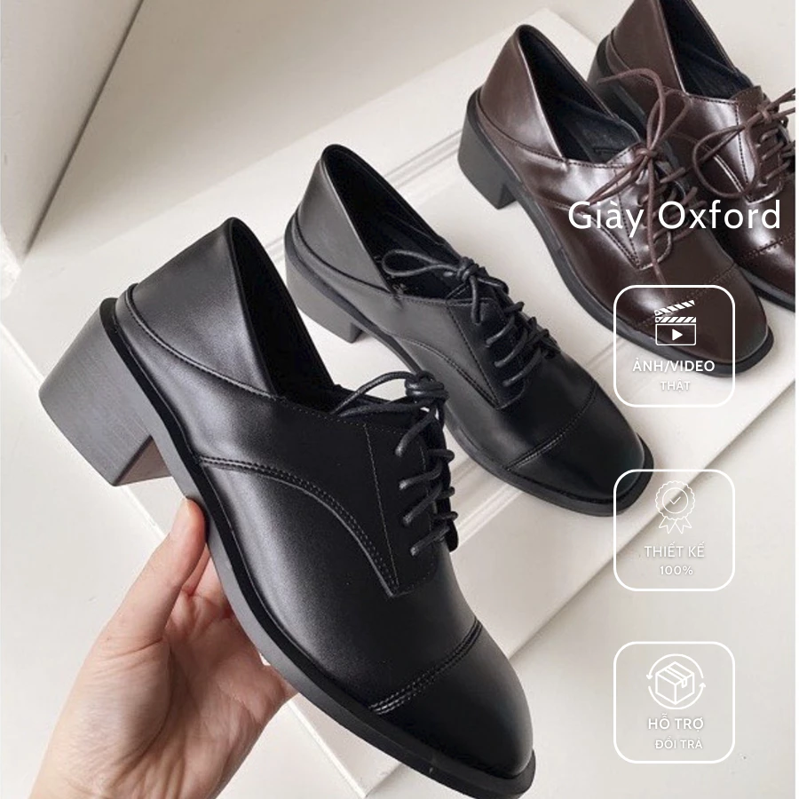 Giày Oxford nữ da mềm, 2 màu đen/ nâu,  đế 5cm