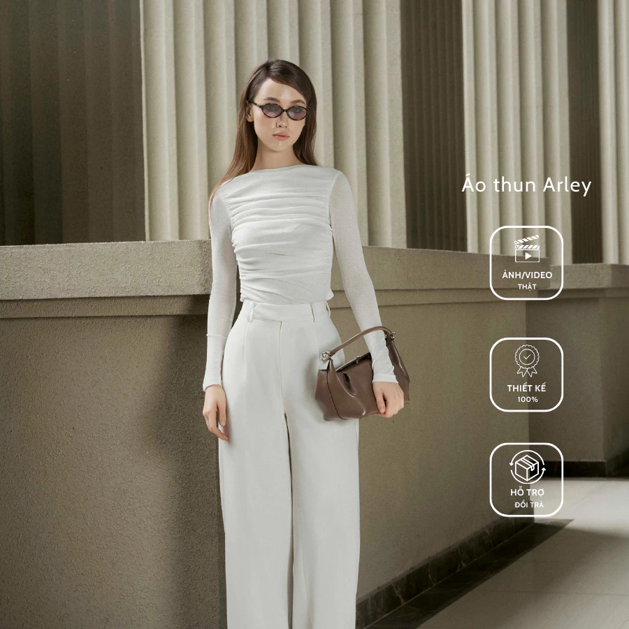 Áo thun ARLEY dài tay màu trắng, chất cotton, có nhún sườn