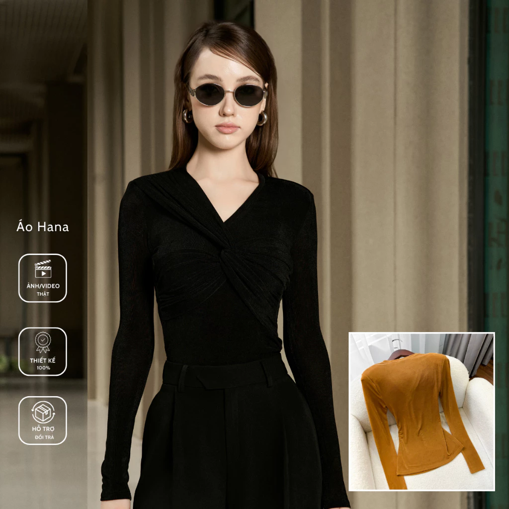 Áo thun Hana dài tay, chất cotton đan sợi đôi có đệm vai, cổ V