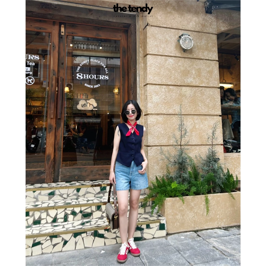 Quần short jean nữ Erica lưng cao, dáng đứng basic, chất cotton dày dặn