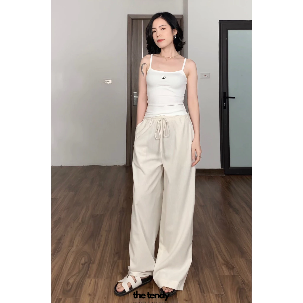 Quần dài linen Le Bourgeon, dáng suông ống rộng màu be thanh lịch