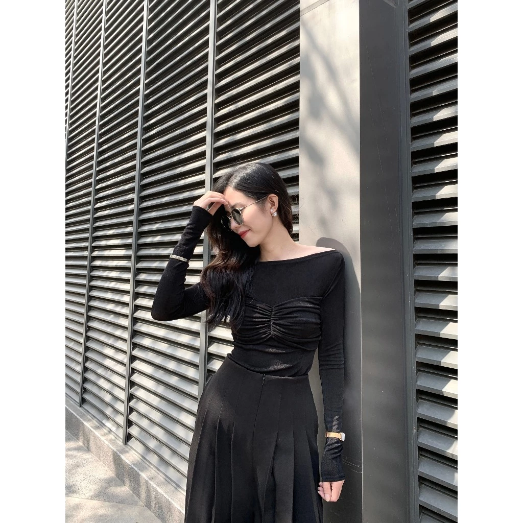 Áo thun Catalina dài tay, kiểu dáng ôm body, cách điệu nơ xếp nhún nữ tính