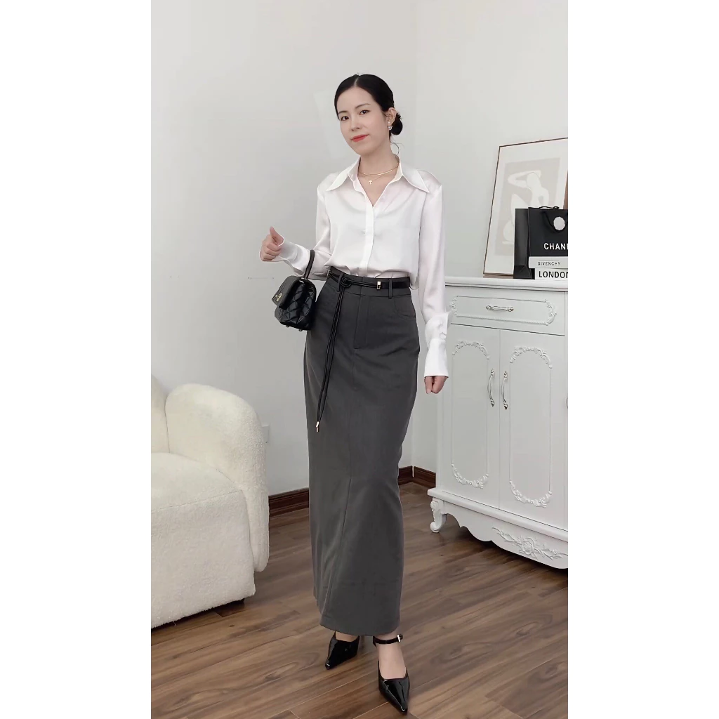 Chân váy VANESSA dáng dài, vintage, phom dáng basic, style Hàn, 2 màu xám/đen