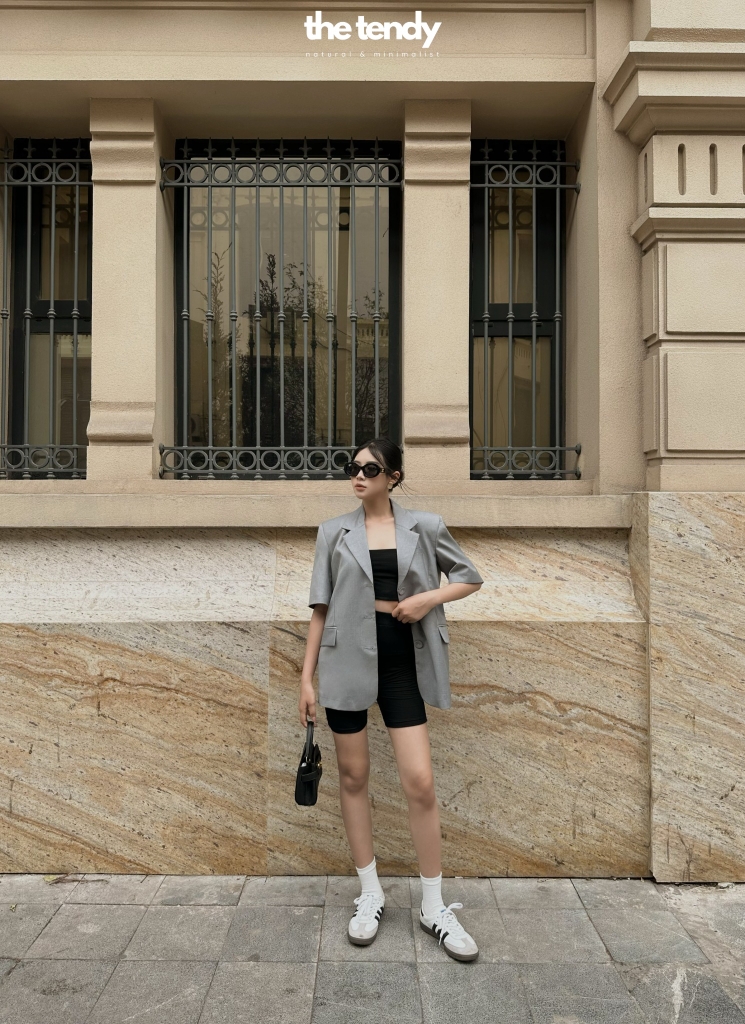 Áo blazer ngắn tay Arley, có đệm vai, 2 màu Đen/Xám