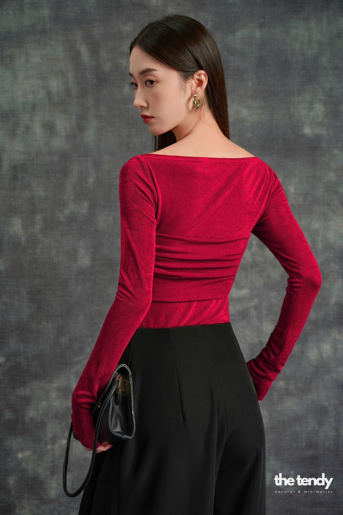 Áo thun Catalina dài tay, kiểu dáng ôm body, cách điệu nơ xếp nhún nữ tính