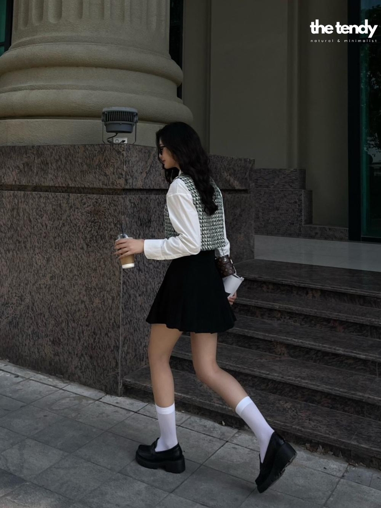 Áo gile dạ tweed caro xanh lá Zava, cúc trước ngực, form croptop