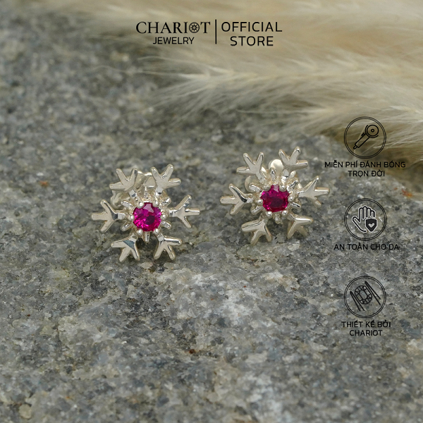 Khuyên tai bạc ECJ04 bông tuyết nhỏ xinh, đính đá lấp lánh ChariotJewelry