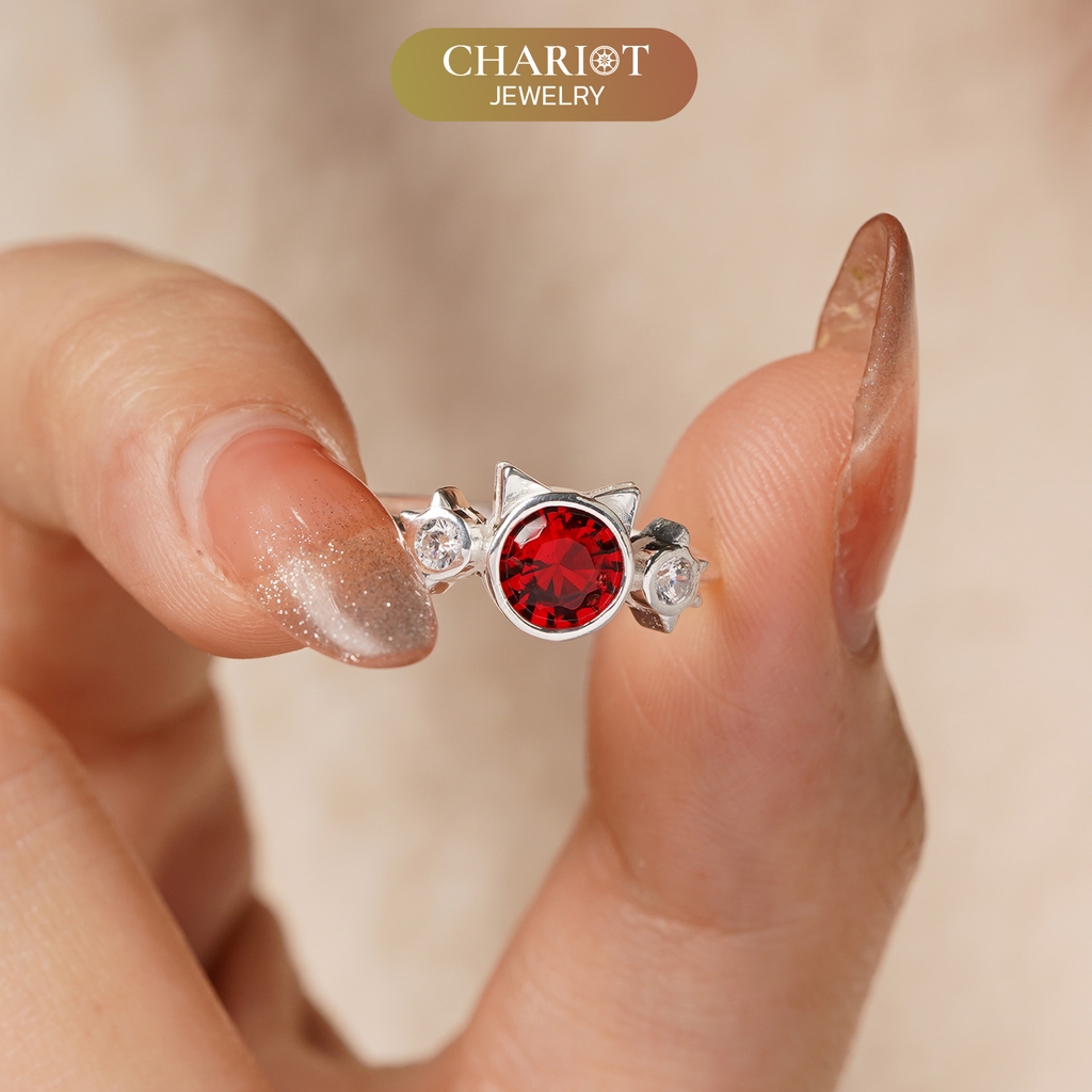 Nhẫn bạc NCJ44 925 CHARIOT họa tiết hình mèo dễ thương đính đá cao cấp ChariotJewelry