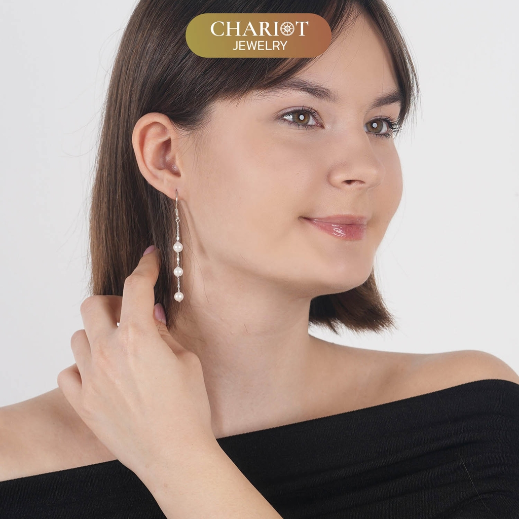 Khuyên tai bạc ECJ29 Dainty Long Dangle Pearl s925 ChariotJewelry