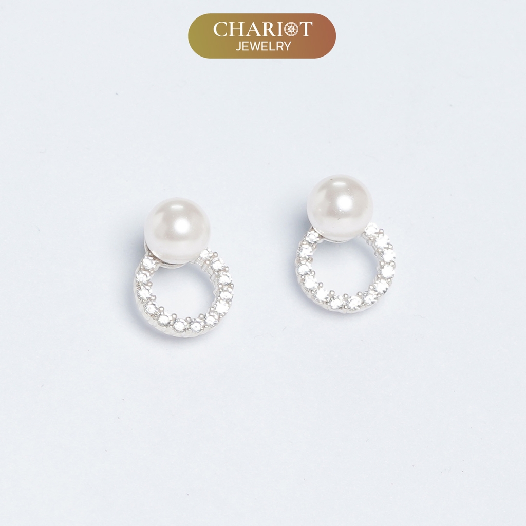 Khuyên tai bạc ECJ44 s925  dáng tròn ôm tai đính ngọc trai thanh lịch, ChariotJewelry