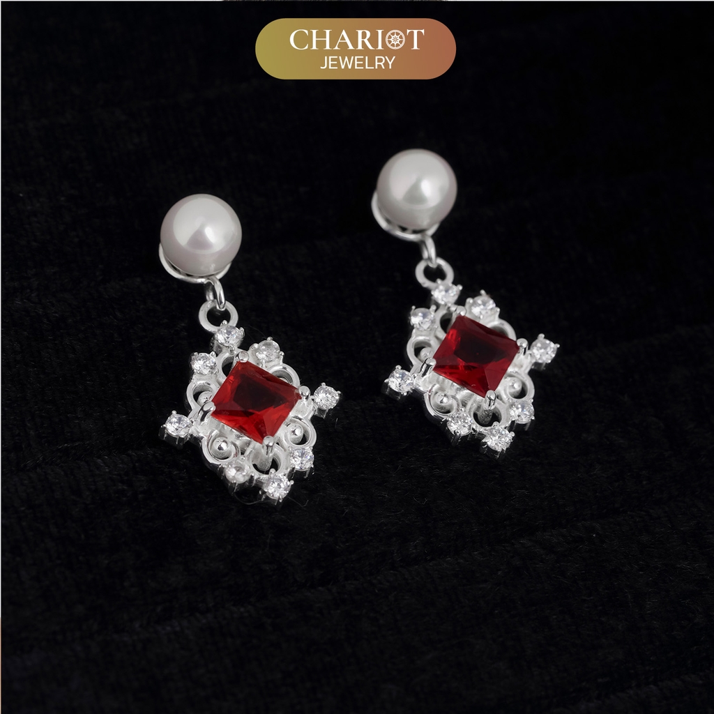 Khuyên tai bạc ECJ68 đính đá ruby đỏ dáng thả cho nữ, s925 Chariot Jewelry