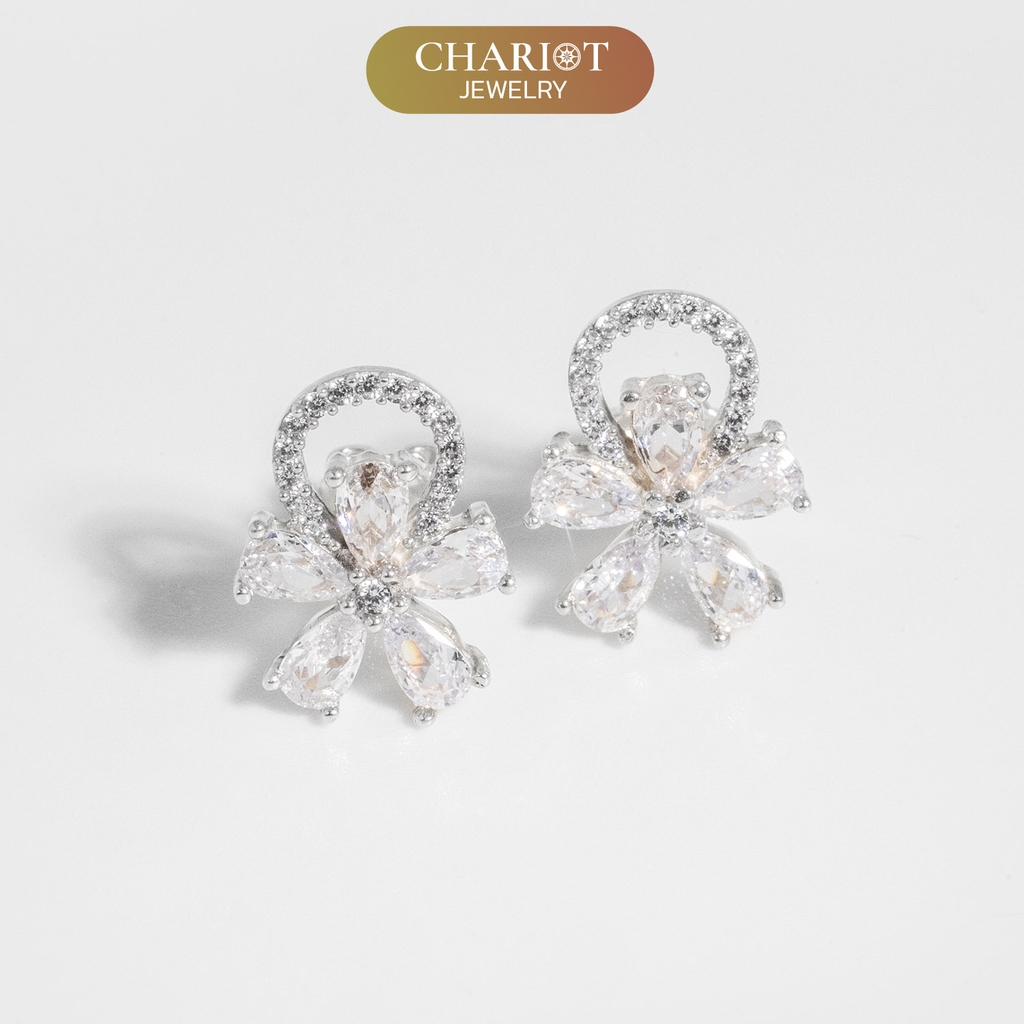 Khuyên tai bạc ECJ52 bông hoa 5 cánh lấp lánh ChariotJewelry