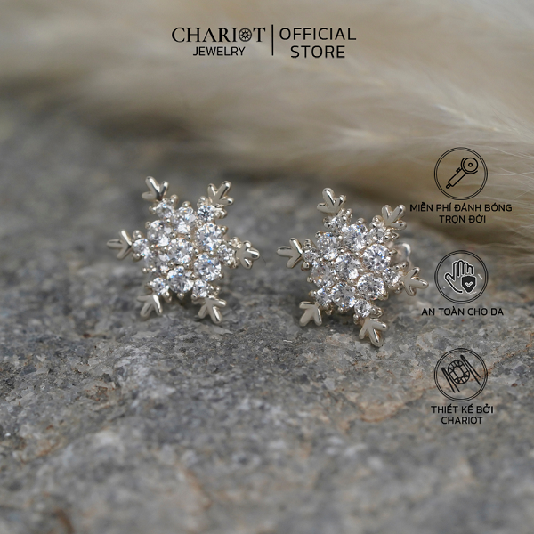 Khuyên tai bạc ECJ05 bạc 925 bông tuyết đính đá lấp lánh ChariotJewelry