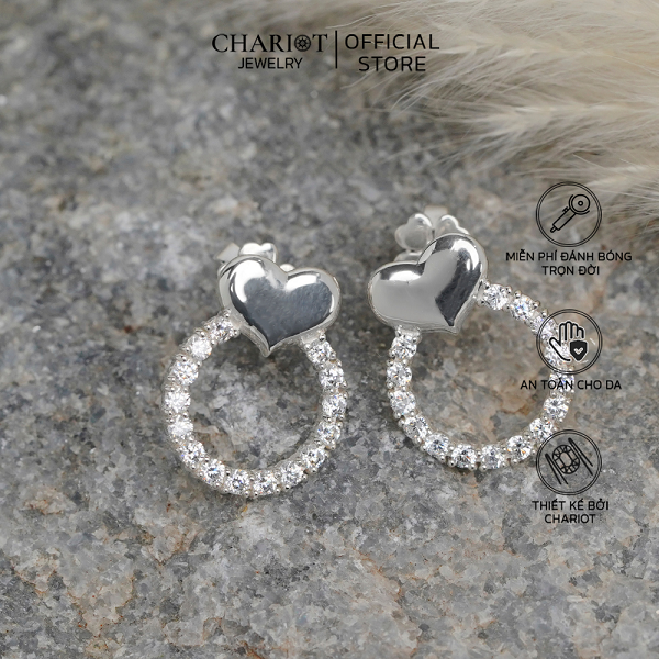 Khuyên tai bạc ECJ06 trái tim, đính đá thanh lịch dành cho nữ ChariotJewelry