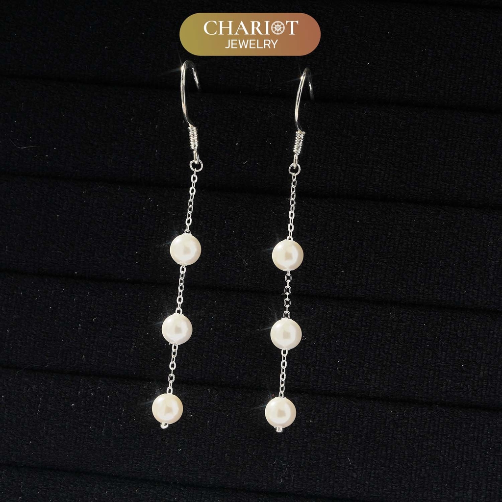Khuyên tai bạc ECJ29 Dainty Long Dangle Pearl s925 ChariotJewelry
