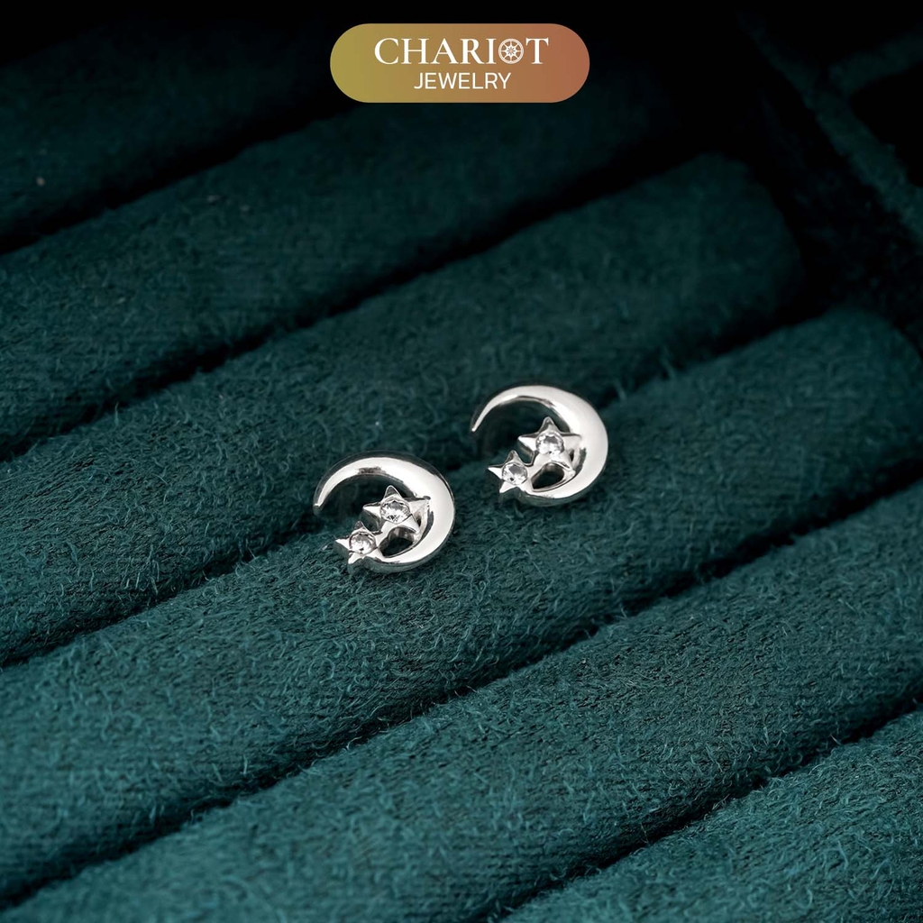 Khuyên tai bạc ECJ48 s925 kiểu basic vầng trăng & 2 vì sao thanh lịch, ChariotJewelry