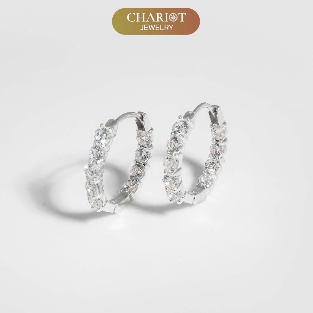 Khuyên tai bạc ECJ55 đính đá tròn lấp lánh, nổi bật ChariotJewelry