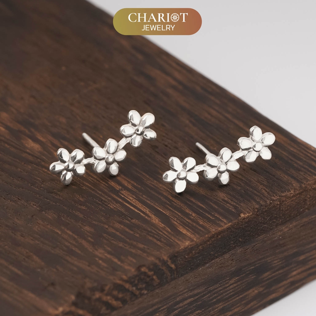 Khuyên tai bạc ECJ56 ba bông hoa nhỏ xinh, nữ tính ChariotJewelry