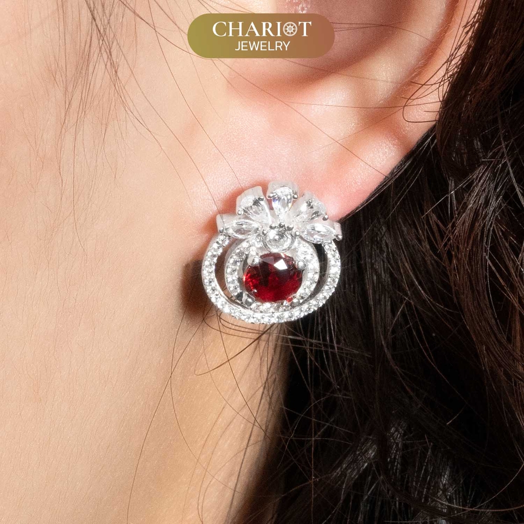 Khuyên tai bạc ECJ57 bông tai giọt đỏ quyến rũ, sang chảnh ChariotJewelry