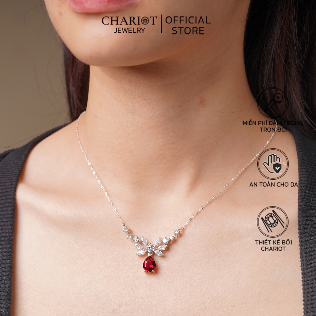 Dây chuyền DCJ56 hoa sen, charm đá đỏ bạc s925 ChariotJewelry