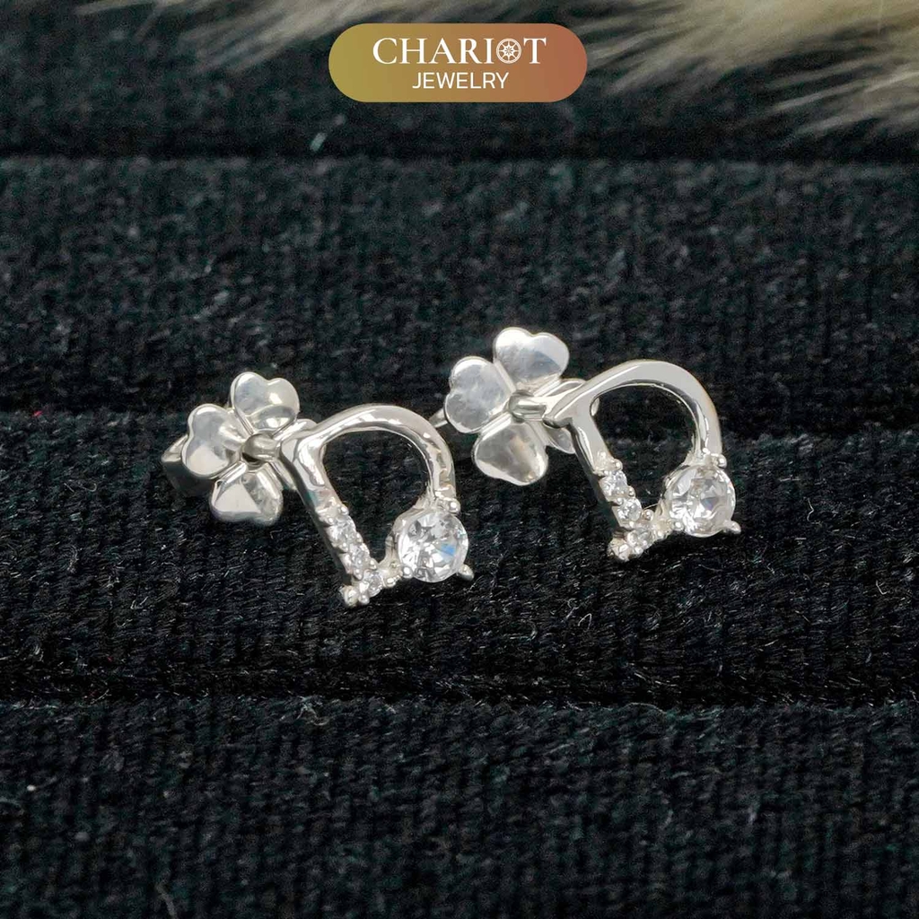 Khuyên tai nữa bạc s925 ECJ07 chữ D, đính đá xinh xắn ChariotJewelry