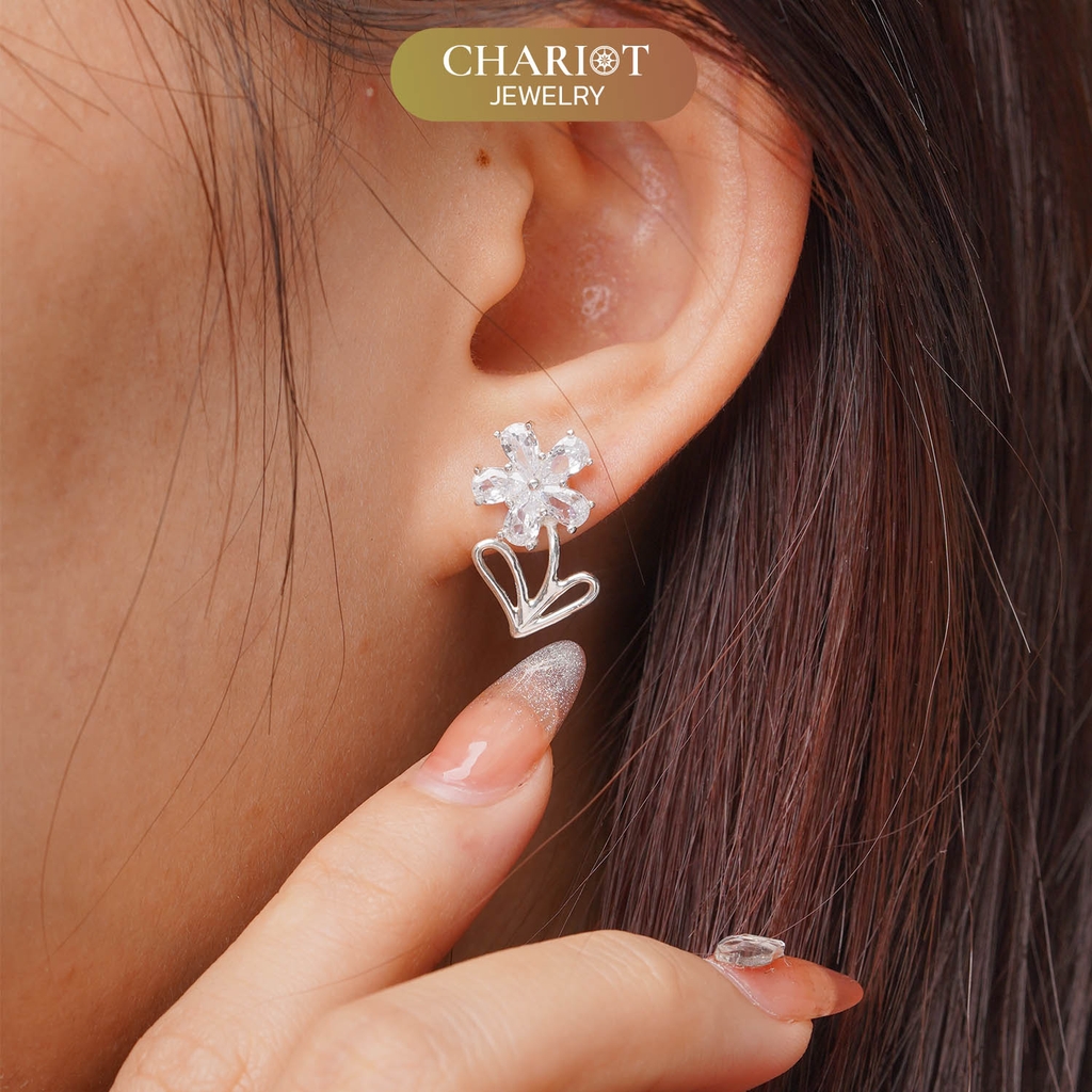 Khuyên tai bạc ECJ14 nữ 925 CHARIOT bông hoa nhỏ đơn giản dễ thương ChariotJewelry