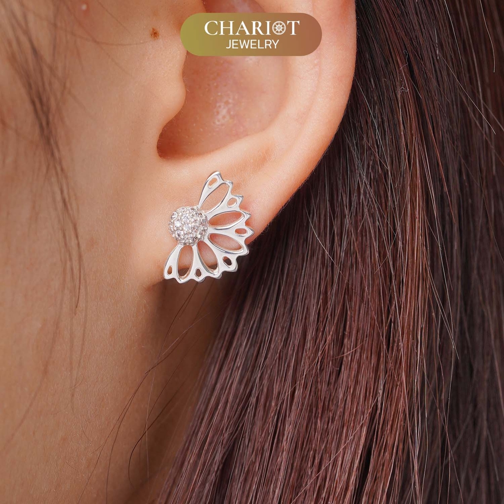 Khuyên tai bạc ECJ18  hình quạt đính đá cá tính ChariotJewelry