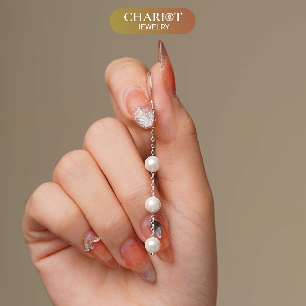 Khuyên tai bạc ECJ29 Dainty Long Dangle Pearl s925 ChariotJewelry