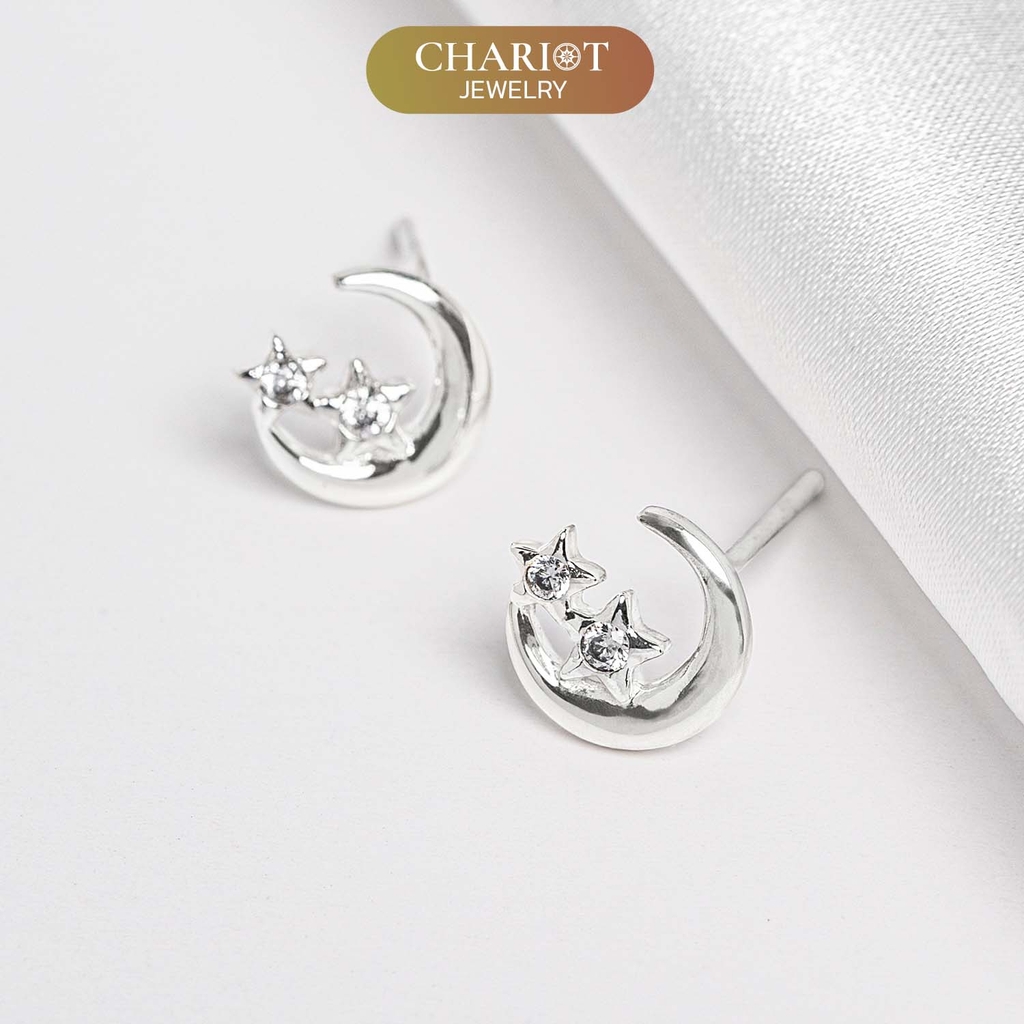 Khuyên tai bạc ECJ48 s925 kiểu basic vầng trăng & 2 vì sao thanh lịch, ChariotJewelry