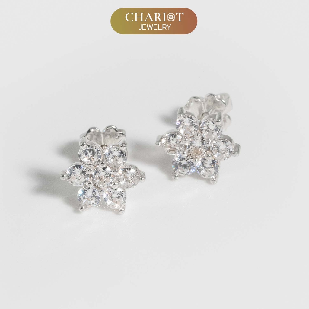 Khuyên tai bạc ECJ54 hoa lục cánh thanh lịch, kiêu sa ChariotJewelry