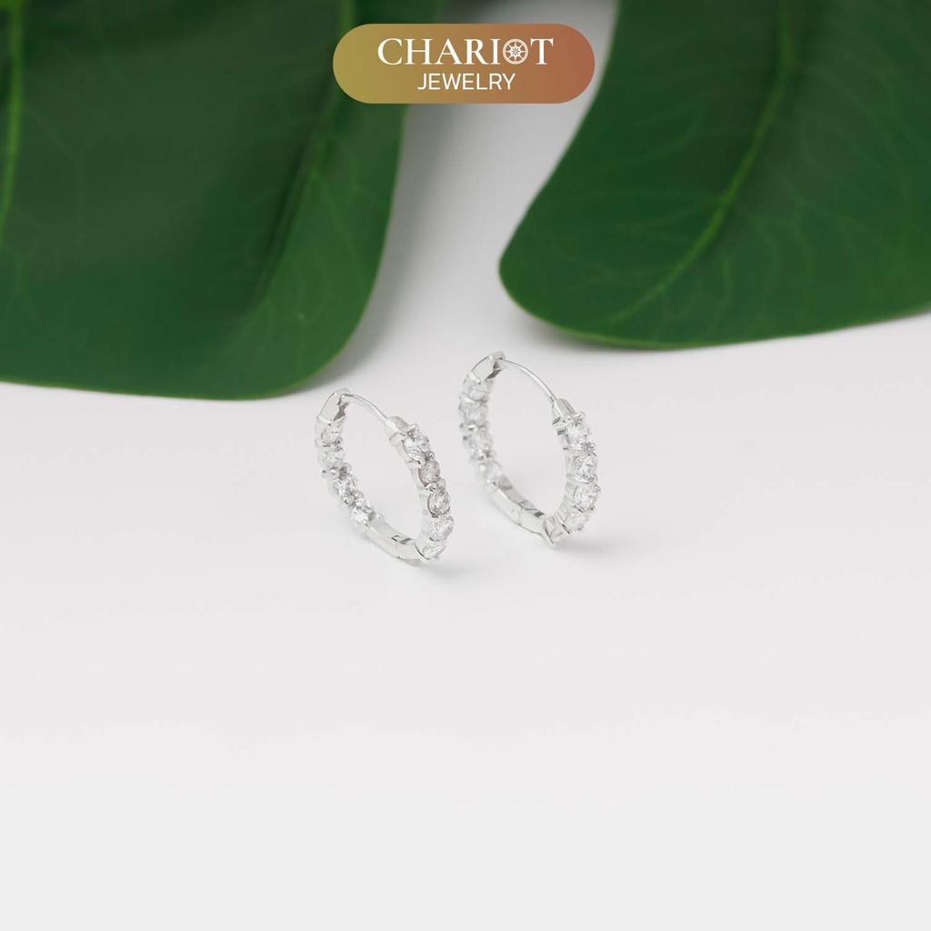 Khuyên tai bạc ECJ55 đính đá tròn lấp lánh, nổi bật ChariotJewelry
