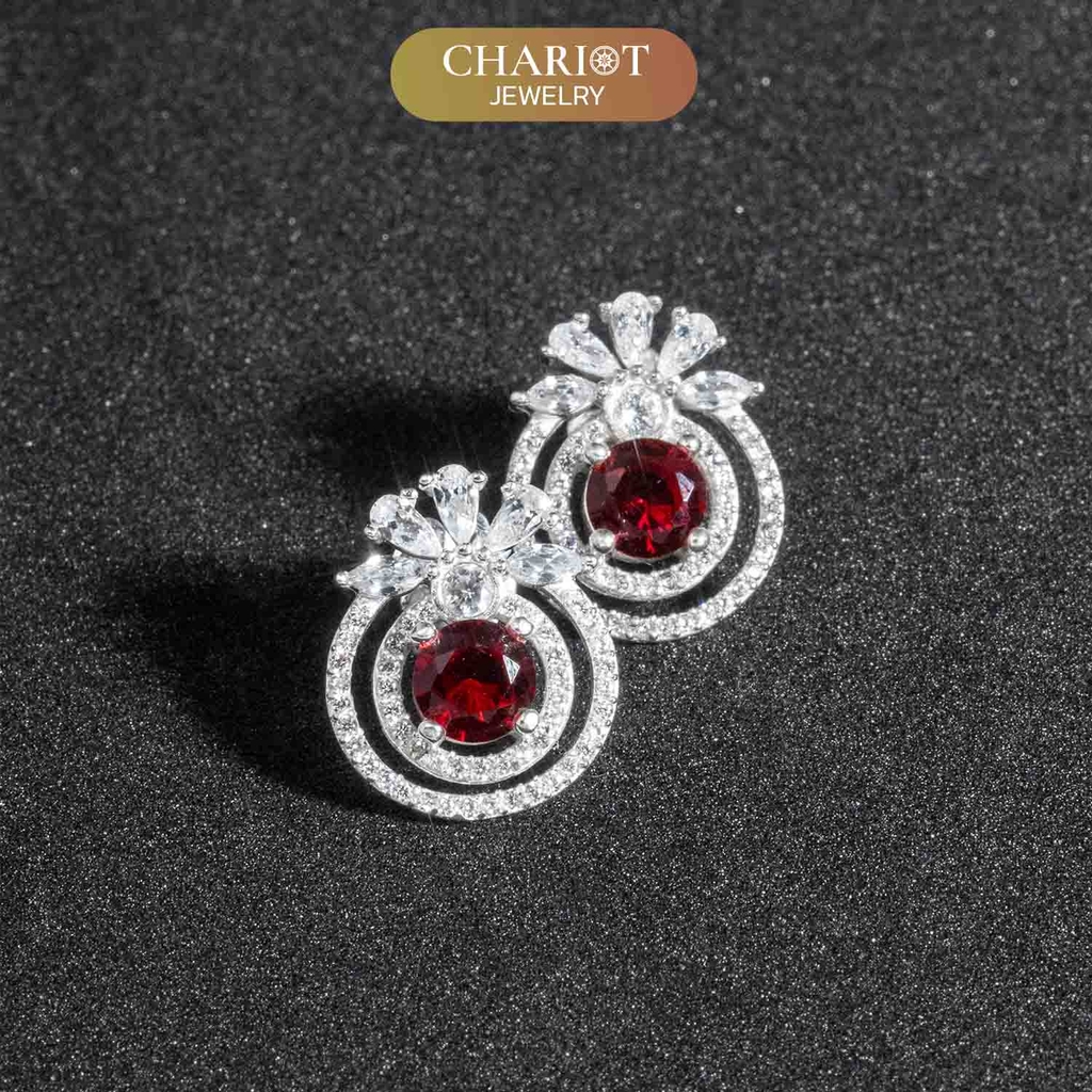 Khuyên tai bạc ECJ57 bông tai giọt đỏ quyến rũ, sang chảnh ChariotJewelry