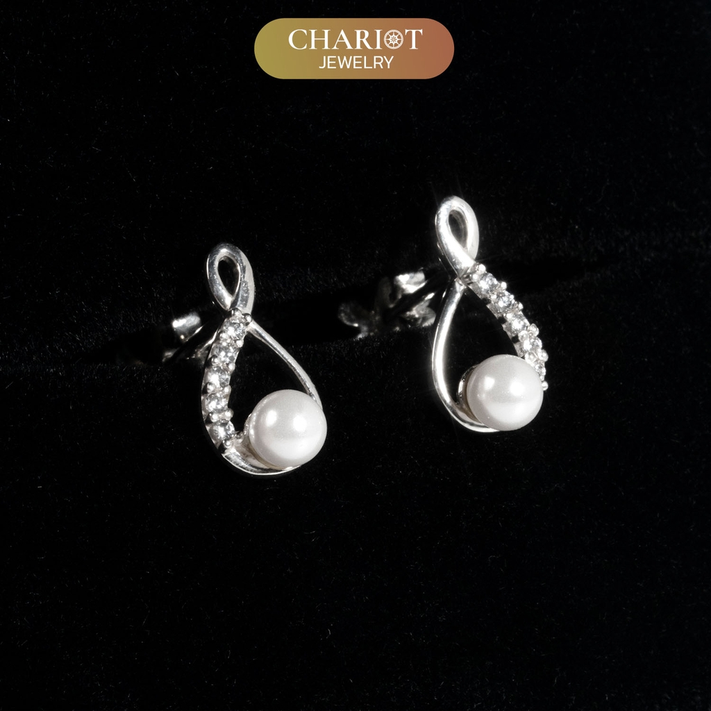 Khuyên tai bạc ECJ61 dáng xoắn điểm ngọc trai tinh tế ChariotJewelry