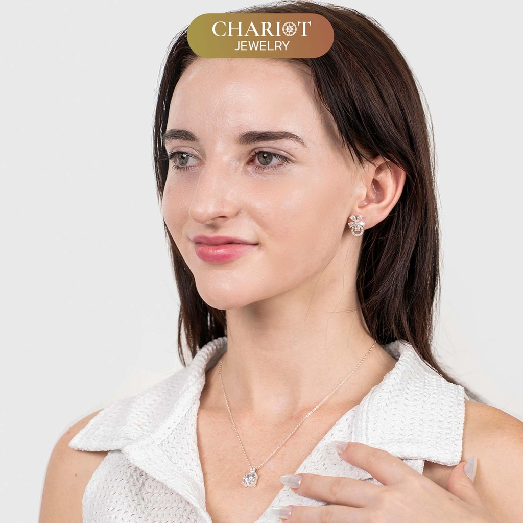 Khuyên tai bạc ECJ52 bông hoa 5 cánh lấp lánh ChariotJewelry