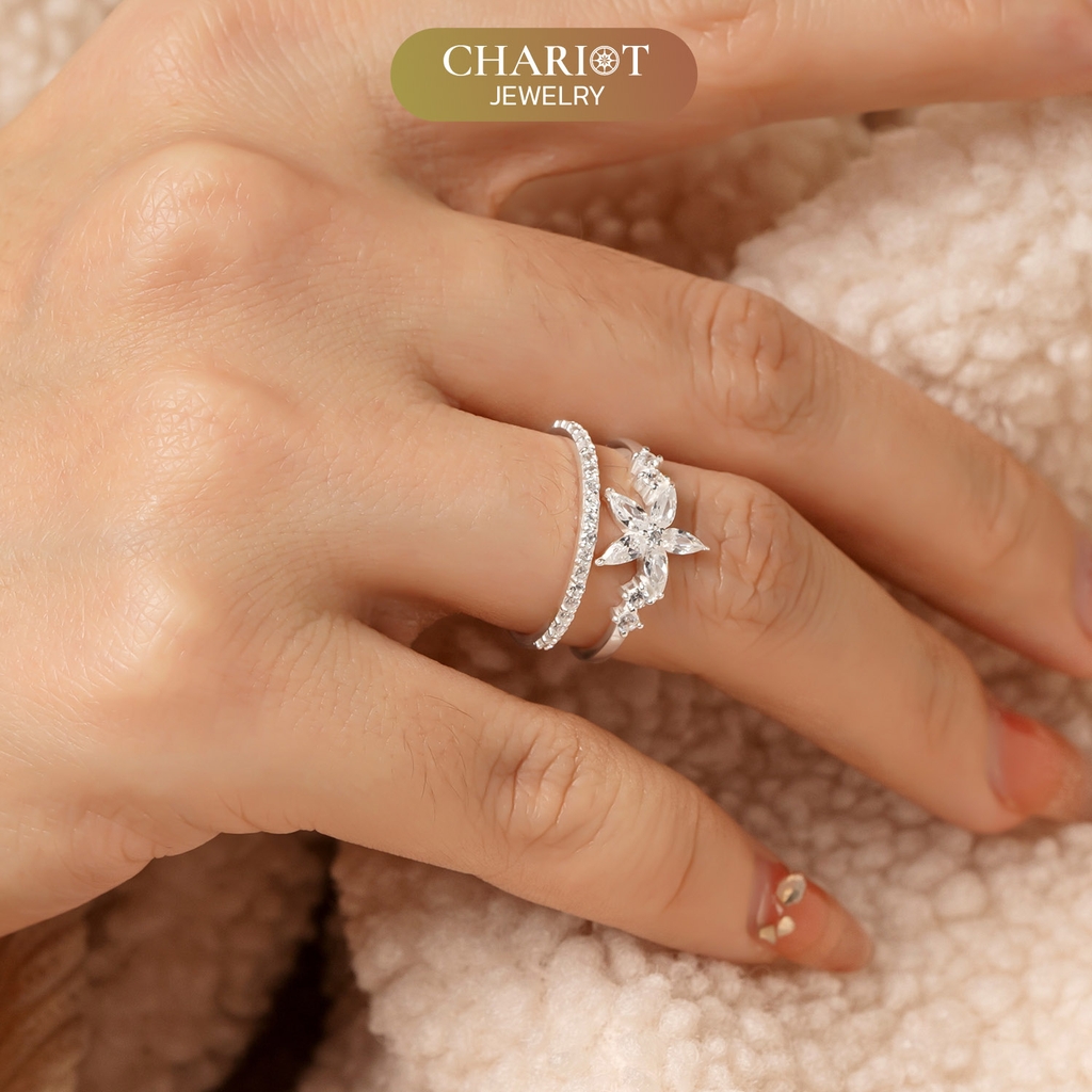 Nhẫn Bạc NCJ60 2 line bông hoa đính đá xinh xắn ChariotJewelry