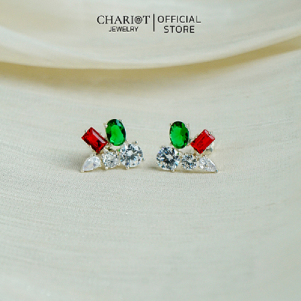 Khuyên tai bạc ECJ01 đá sắc màu, thiết kế sang trọng s925 ChariotJewelry