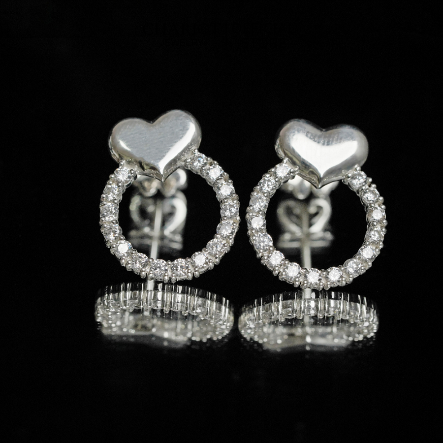 Khuyên tai bạc ECJ06 trái tim, đính đá thanh lịch dành cho nữ ChariotJewelry