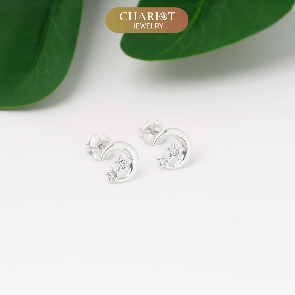 Khuyên tai bạc ECJ48 s925 kiểu basic vầng trăng & 2 vì sao thanh lịch, ChariotJewelry