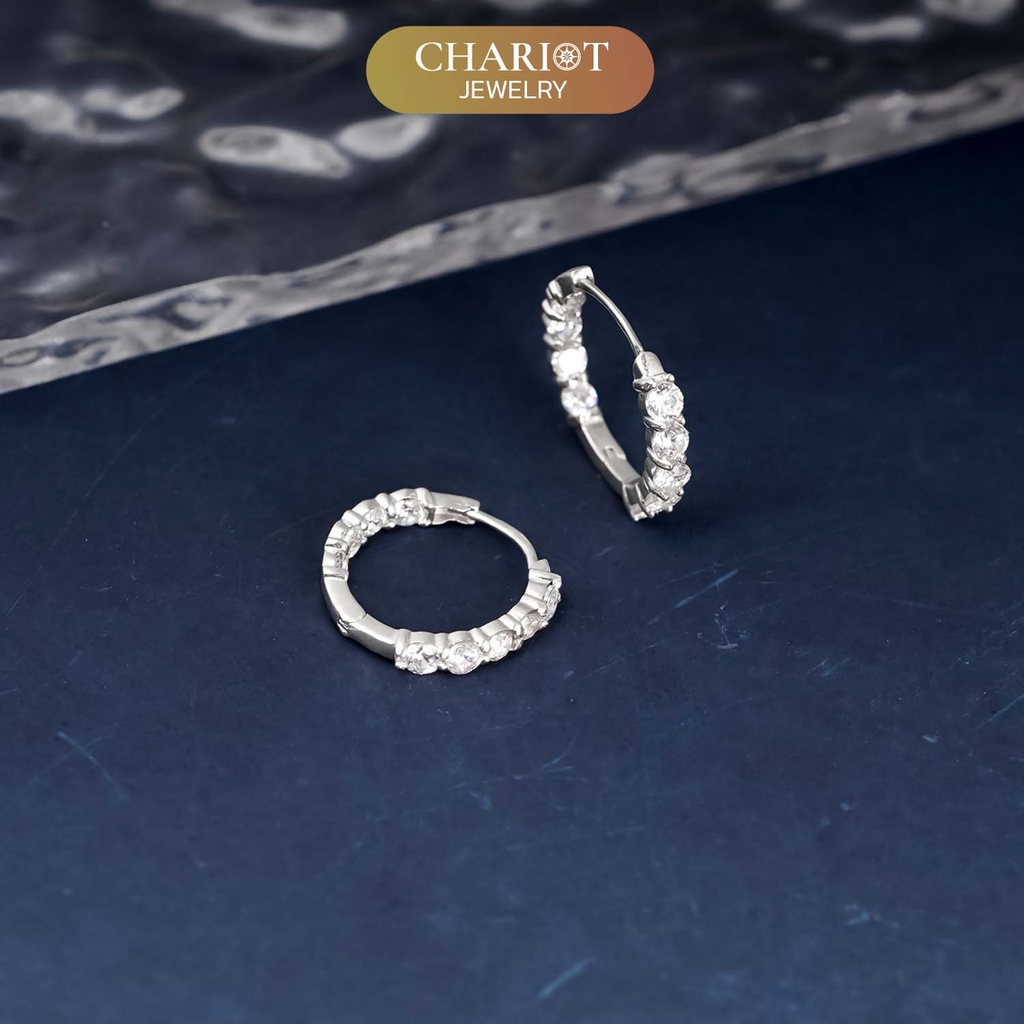 Khuyên tai bạc ECJ55 đính đá tròn lấp lánh, nổi bật ChariotJewelry
