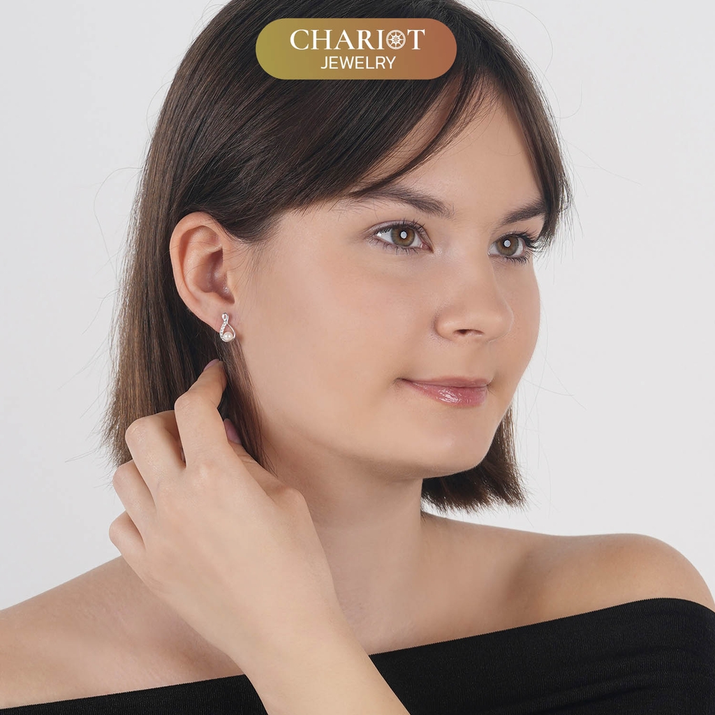 Khuyên tai bạc ECJ61 dáng xoắn điểm ngọc trai tinh tế ChariotJewelry