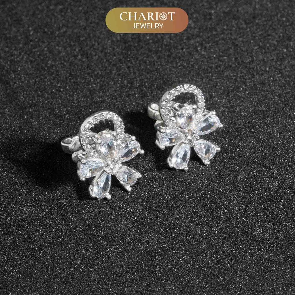 Khuyên tai bạc ECJ52 bông hoa 5 cánh lấp lánh ChariotJewelry