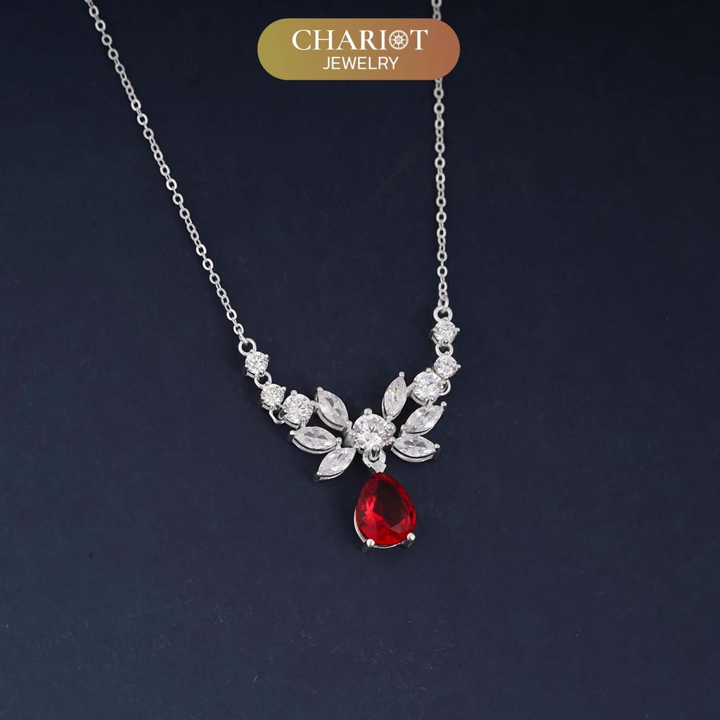 Dây chuyền DCJ56 hoa sen, charm đá đỏ bạc s925 ChariotJewelry
