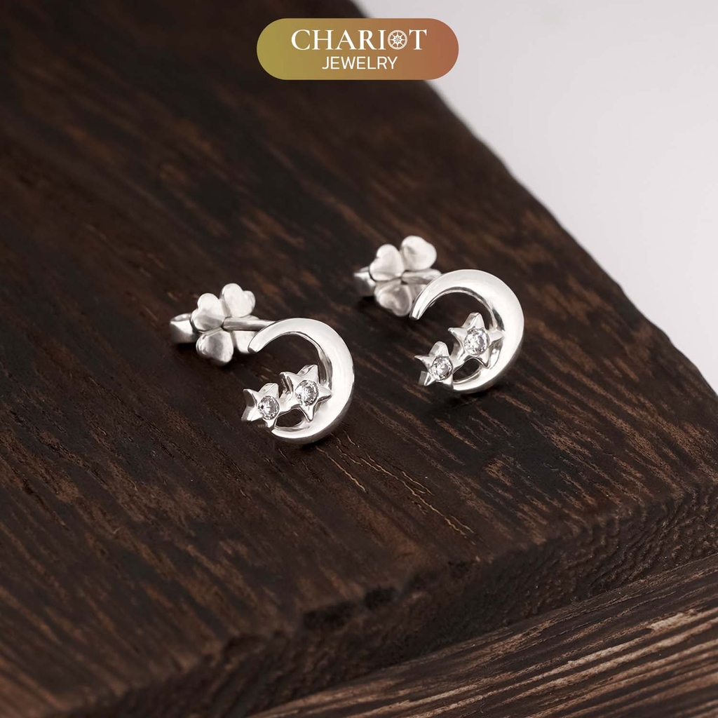 Khuyên tai bạc ECJ48 s925 kiểu basic vầng trăng & 2 vì sao thanh lịch, ChariotJewelry