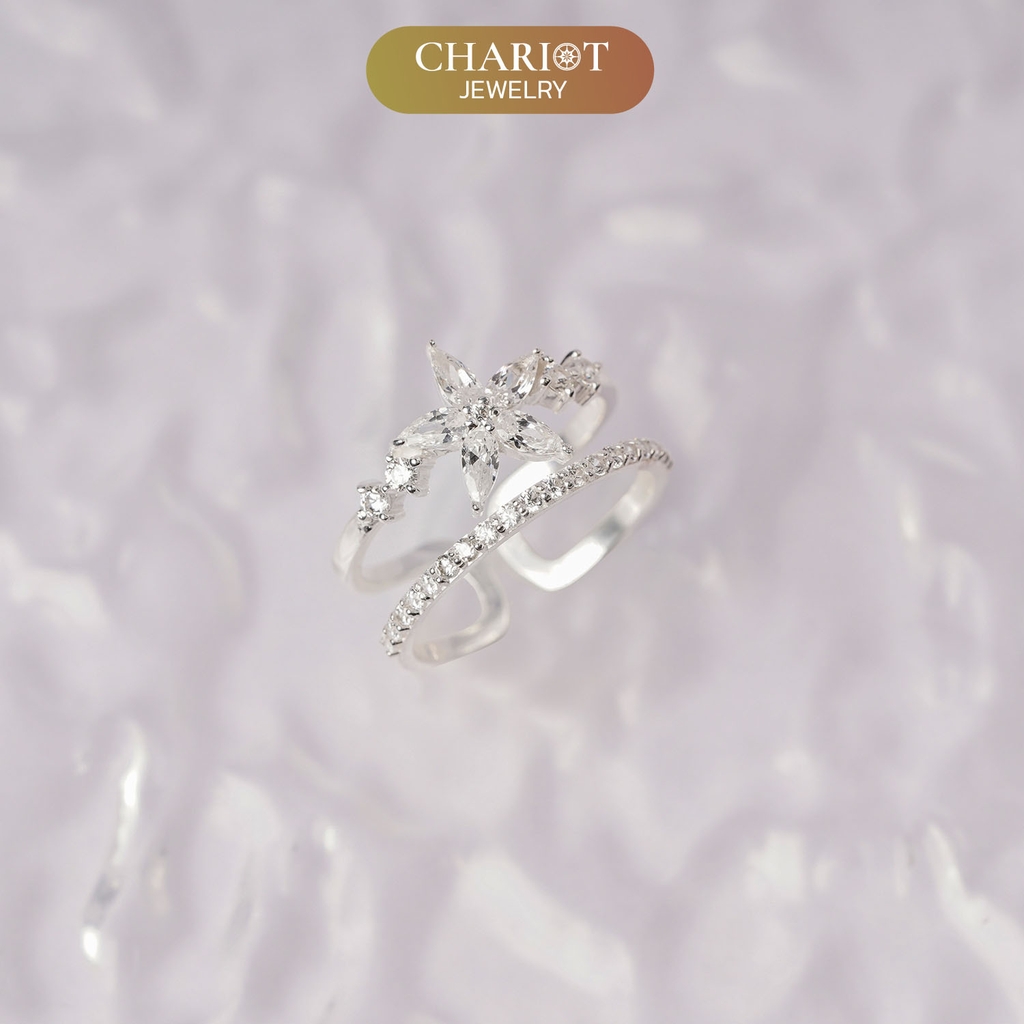 Nhẫn Bạc NCJ60 2 line bông hoa đính đá xinh xắn ChariotJewelry
