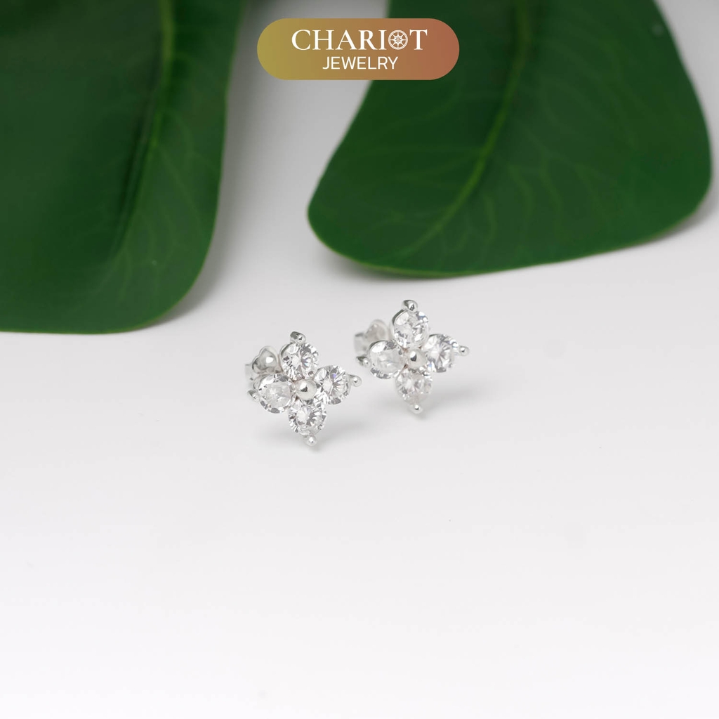 Khuyên tai bạc ECJ19 bông hoa 4 cánh mang lại may mắn ChariotJewelry
