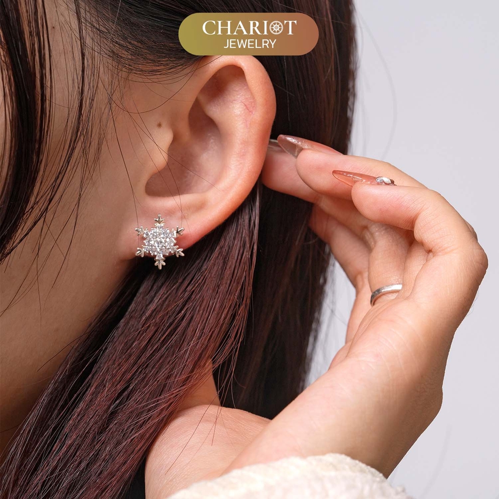 Khuyên tai bạc ECJ05 bạc 925 bông tuyết đính đá lấp lánh ChariotJewelry
