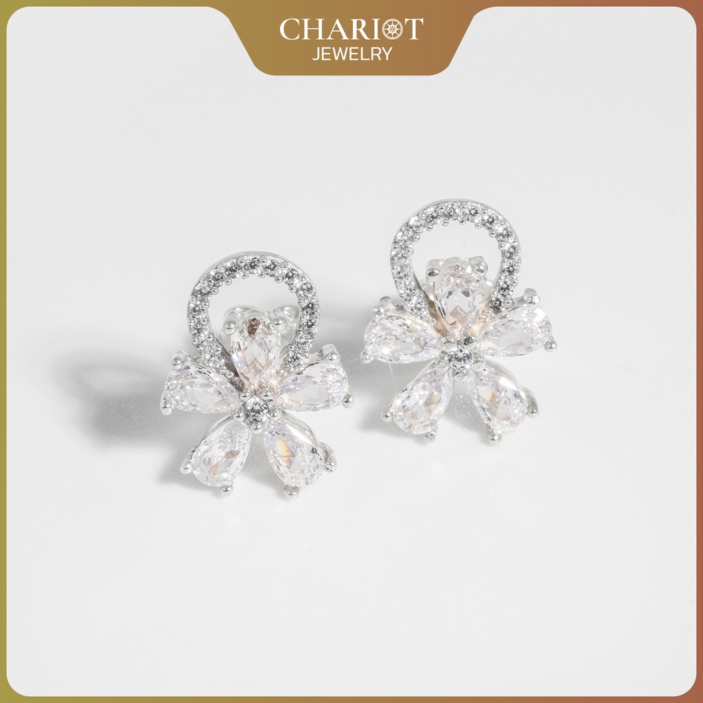 Khuyên tai bạc ECJ52 bông hoa 5 cánh lấp lánh ChariotJewelry
