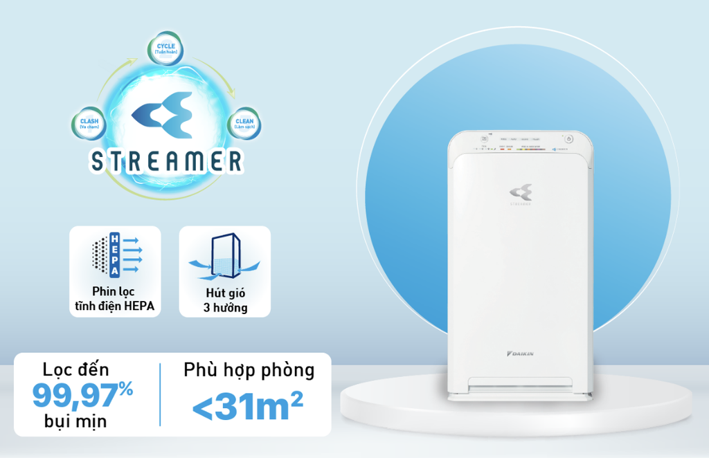 Máy Lọc Không Khí Tạo Ẩm Daikin MCK55TVM6 Công nghệ Streamer 3C Tích Hợp Ion Plasma, Lõi Lọc Tuổi Thọ Lên Đến 10 Năm, Diệt Khuẩn Và Lọc Sạch 99,97% Bụi Bẩn, Diện Tích Sử Dụng 40 m2, Công Suất 58W - Hàng Chính Hãng