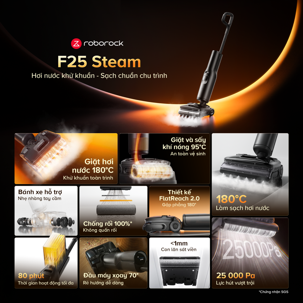 Máy Hút Bụi Lau Nhà Roborock F25 Steam | Lực Hút 25.000 Pa
