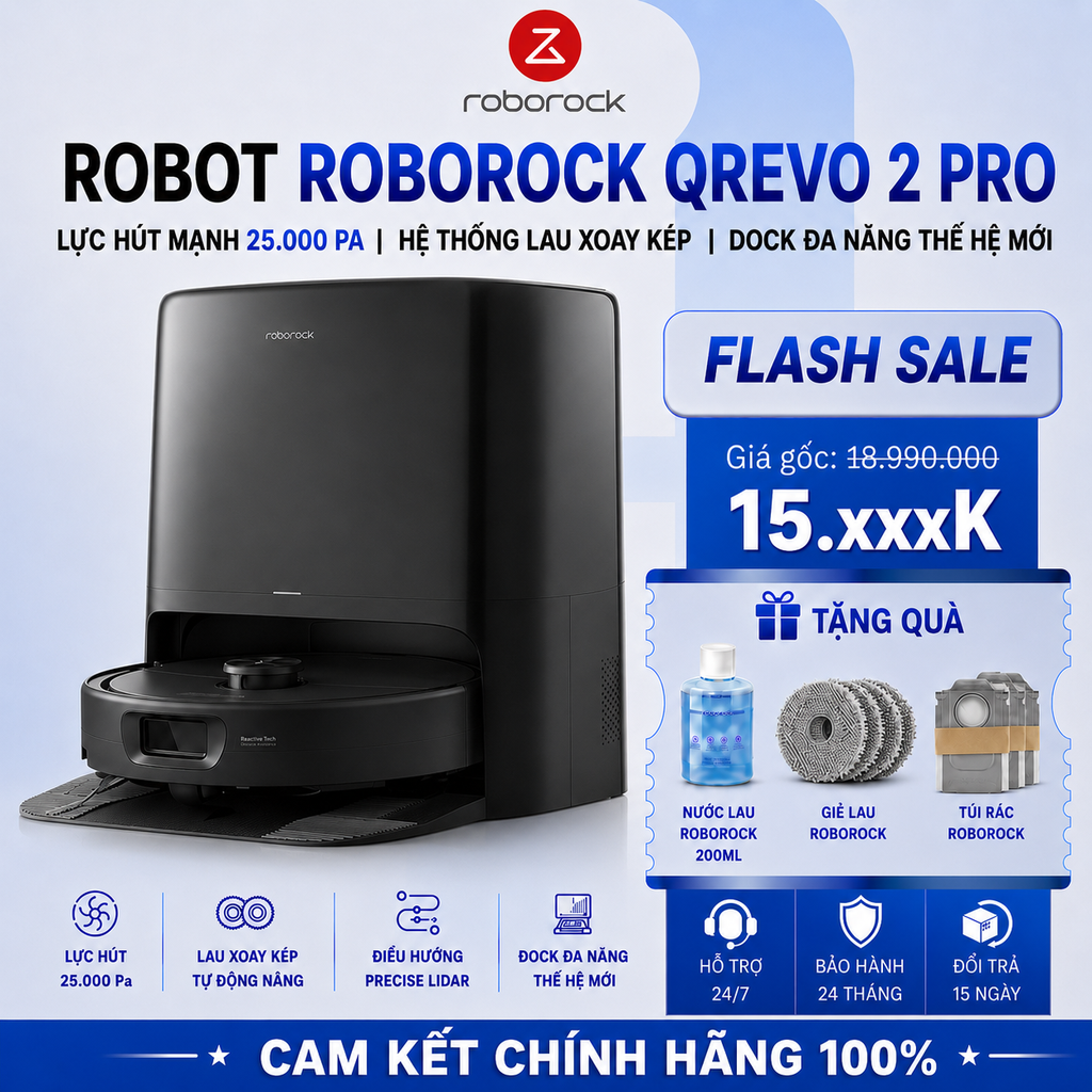 Robot Hút Bụi Lau Nhà Roborock Qrevo 2 Pro Lực Hút 25.000 Pa - Chính Hãng